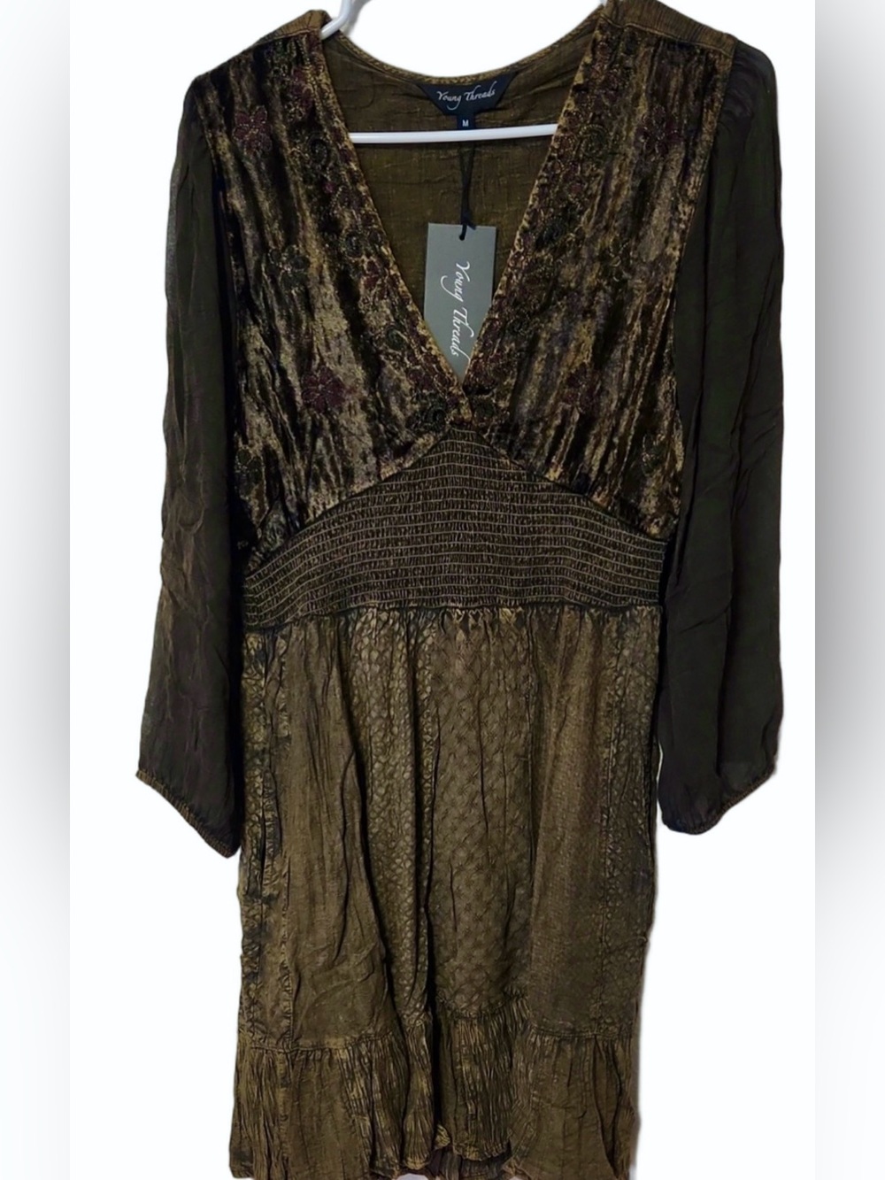 Young Threads Bohemian V-Neck Velvet Smocked Waist Dress - Picture 2 of 10
